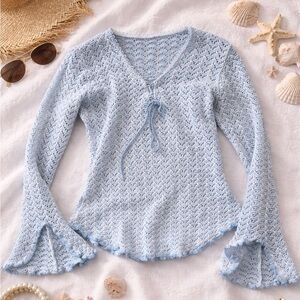 Vintage light blue crochet tie-front top